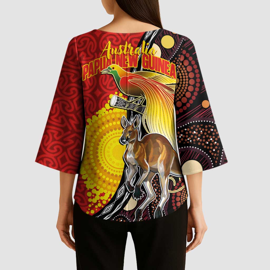 Australia and Papua New Guinea Together Kimono Sleeve Blouse Bird-of-paradise and Kangaroo with Oro Tapa and Aboriginal Art Motifs LT03 - Polynesian Pride