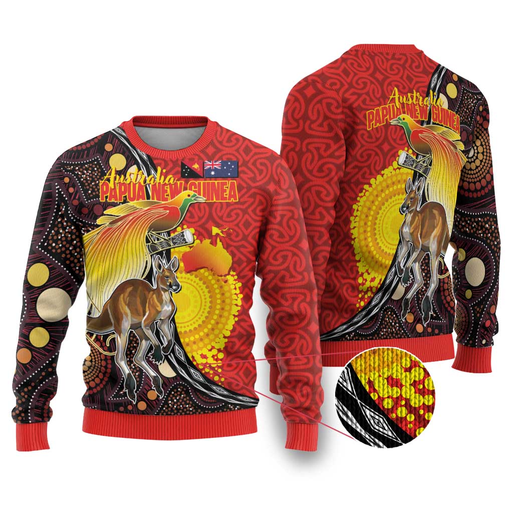 Australia and Papua New Guinea Together Ugly Christmas Sweater Bird-of-paradise and Kangaroo with Oro Tapa and Aboriginal Art Motifs LT03 Black - Polynesian Pride