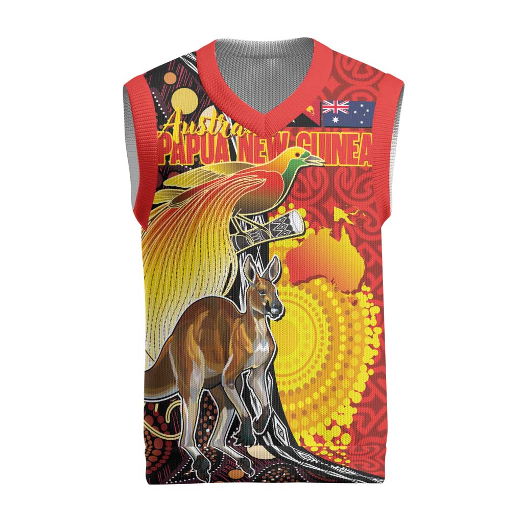 Australia and Papua New Guinea Together Christmas Knitted V-Neck Vest Bird-of-paradise and Kangaroo with Oro Tapa and Aboriginal Art Motifs LT03 Black - Polynesian Pride
