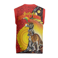 Australia and Papua New Guinea Together Christmas Knitted V-Neck Vest Bird-of-paradise and Kangaroo with Oro Tapa and Aboriginal Art Motifs LT03 - Polynesian Pride