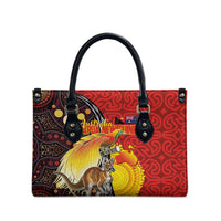 Australia and Papua New Guinea Together Leather Bag Bird-of-paradise and Kangaroo with Oro Tapa and Aboriginal Art Motifs LT03 - Polynesian Pride