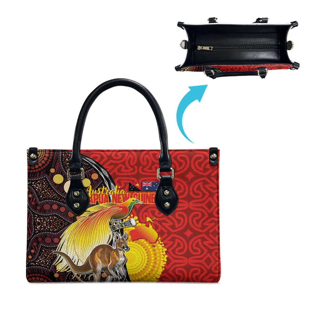 Australia and Papua New Guinea Together Leather Bag Bird-of-paradise and Kangaroo with Oro Tapa and Aboriginal Art Motifs LT03 - Polynesian Pride