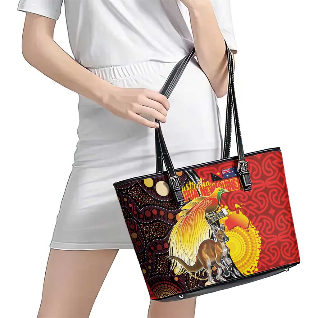 Australia and Papua New Guinea Together Leather Tote Bag Bird-of-paradise and Kangaroo with Oro Tapa and Aboriginal Art Motifs LT03 - Polynesian Pride