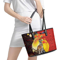 Australia and Papua New Guinea Together Leather Tote Bag Bird-of-paradise and Kangaroo with Oro Tapa and Aboriginal Art Motifs LT03 - Polynesian Pride
