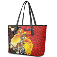 Australia and Papua New Guinea Together Leather Tote Bag Bird-of-paradise and Kangaroo with Oro Tapa and Aboriginal Art Motifs LT03 - Polynesian Pride