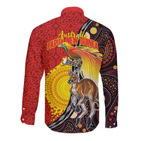 Australia and Papua New Guinea Together Long Sleeve Button Shirt Bird-of-paradise and Kangaroo with Oro Tapa and Aboriginal Art Motifs LT03 - Polynesian Pride