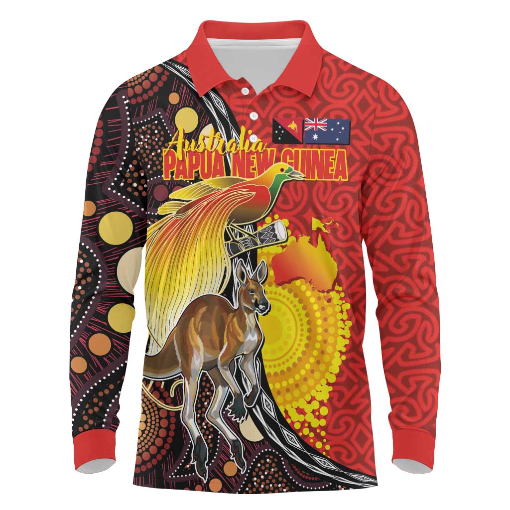 Australia and Papua New Guinea Together Long Sleeve Polo Shirt Bird-of-paradise and Kangaroo with Oro Tapa and Aboriginal Art Motifs LT03 Black - Polynesian Pride