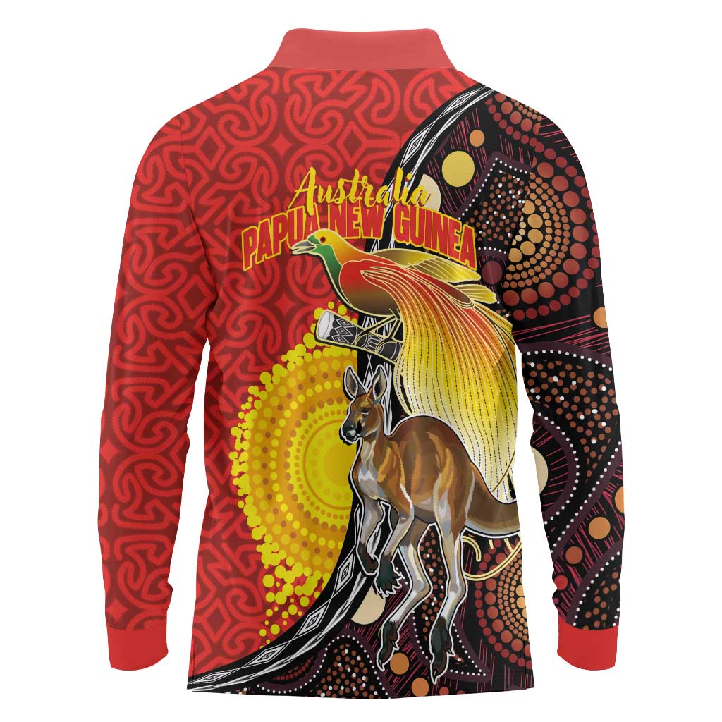 Australia and Papua New Guinea Together Long Sleeve Polo Shirt Bird-of-paradise and Kangaroo with Oro Tapa and Aboriginal Art Motifs LT03 - Polynesian Pride