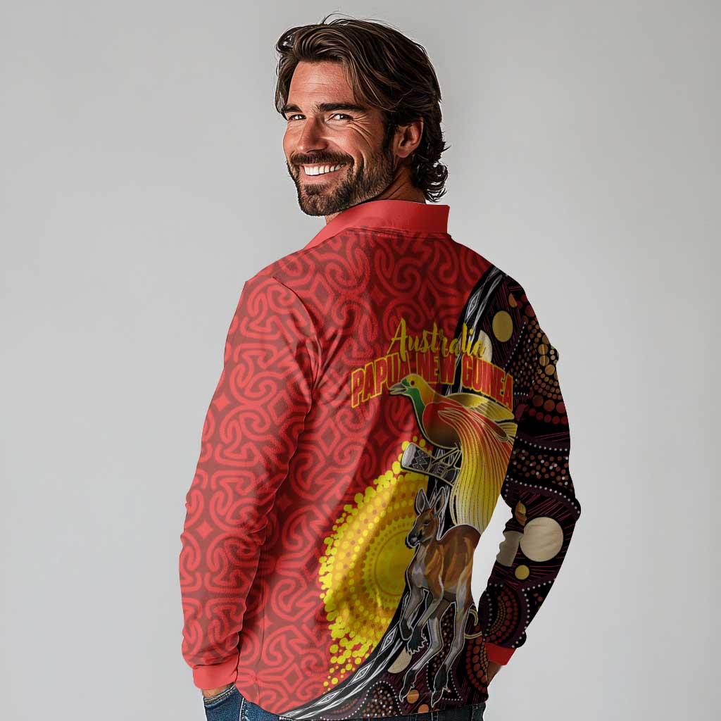 Australia and Papua New Guinea Together Long Sleeve Polo Shirt Bird-of-paradise and Kangaroo with Oro Tapa and Aboriginal Art Motifs LT03 - Polynesian Pride