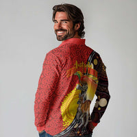 Australia and Papua New Guinea Together Long Sleeve Polo Shirt Bird-of-paradise and Kangaroo with Oro Tapa and Aboriginal Art Motifs LT03 - Polynesian Pride