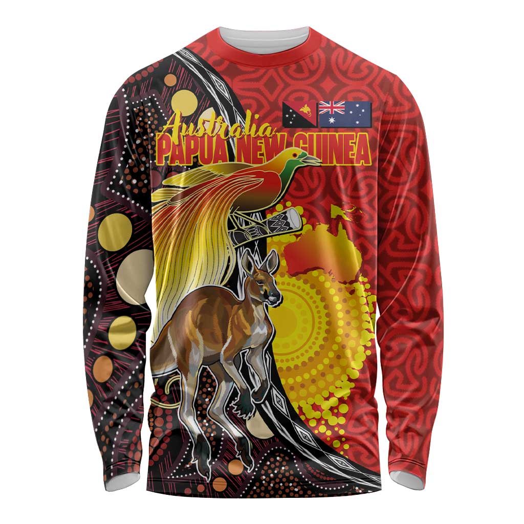 Australia and Papua New Guinea Together Long Sleeve Shirt Bird-of-paradise and Kangaroo with Oro Tapa and Aboriginal Art Motifs LT03 Unisex Black - Polynesian Pride