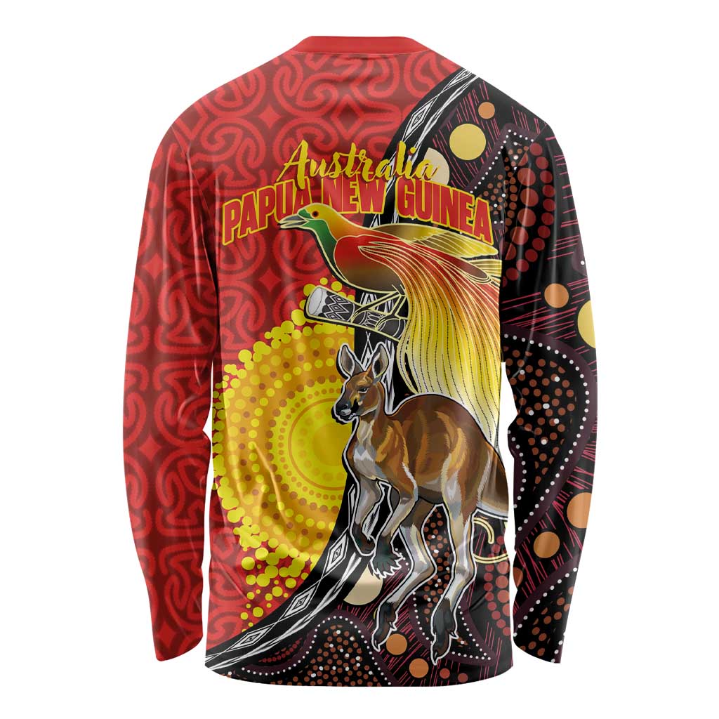 Australia and Papua New Guinea Together Long Sleeve Shirt Bird-of-paradise and Kangaroo with Oro Tapa and Aboriginal Art Motifs LT03 - Polynesian Pride