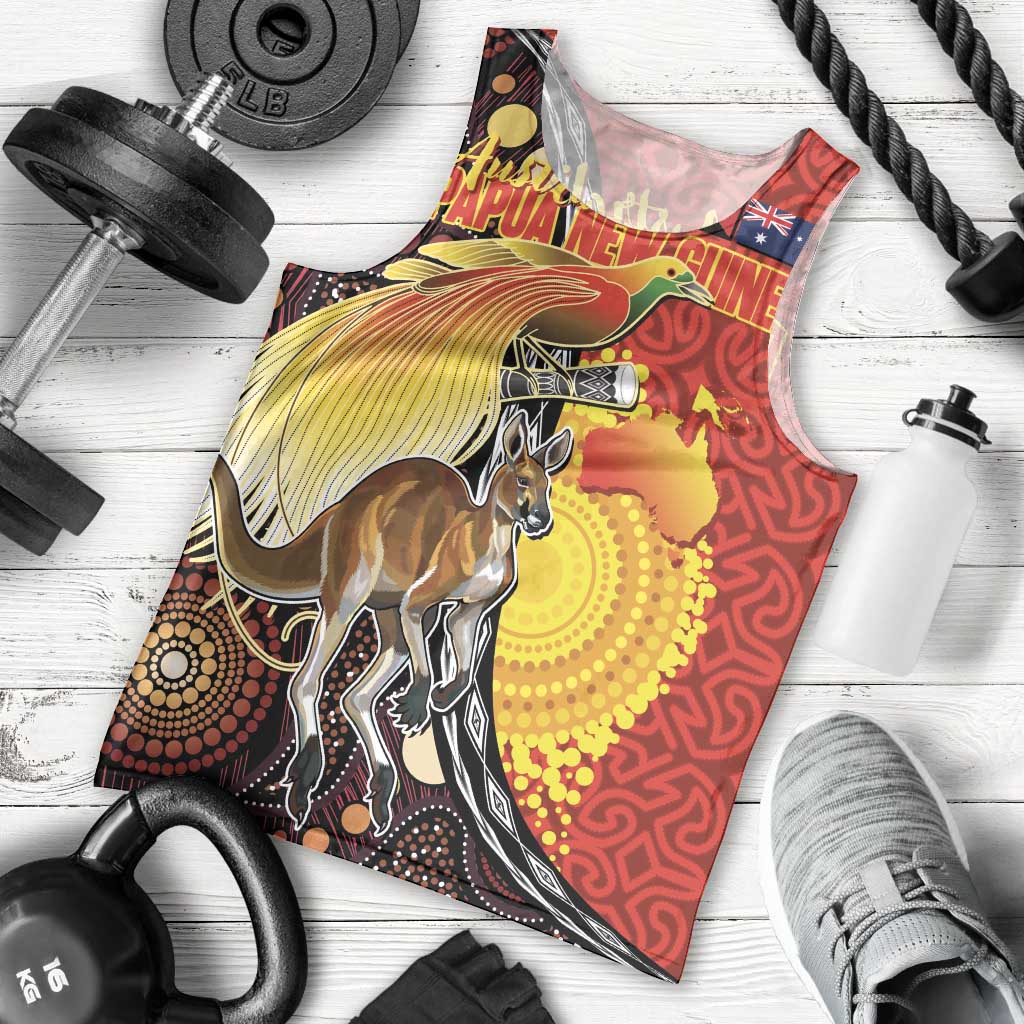 Australia and Papua New Guinea Together Men Tank Top Bird-of-paradise and Kangaroo with Oro Tapa and Aboriginal Art Motifs LT03 - Polynesian Pride