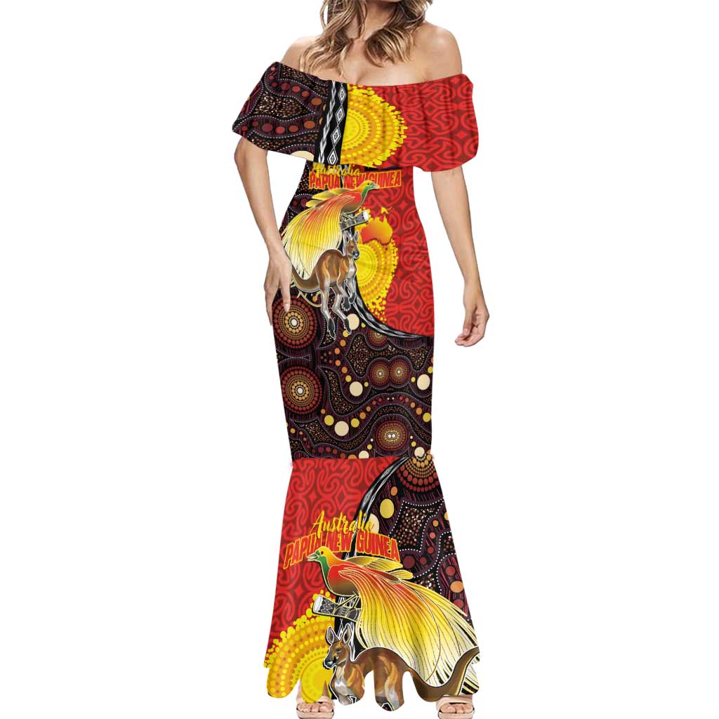 Australia and Papua New Guinea Together Mermaid Dress Bird-of-paradise and Kangaroo with Oro Tapa and Aboriginal Art Motifs LT03 - Polynesian Pride