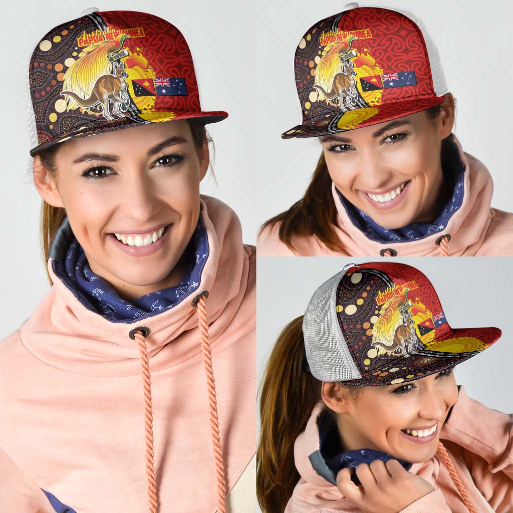 Australia and Papua New Guinea Together Mesh Trucker Cap Bird-of-paradise and Kangaroo with Oro Tapa and Aboriginal Art Motifs LT03 - Polynesian Pride