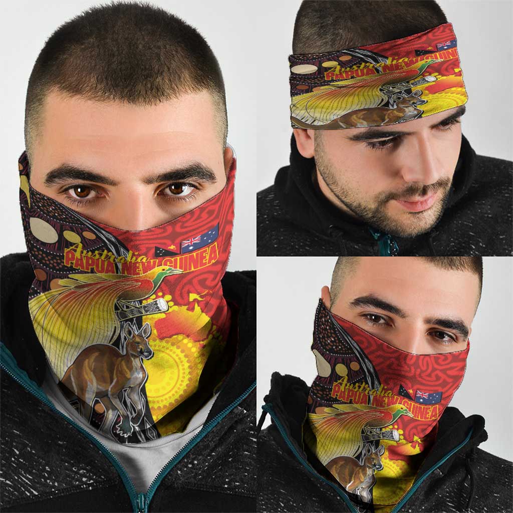 Australia and Papua New Guinea Together Neck Gaiter Bird-of-paradise and Kangaroo with Oro Tapa and Aboriginal Art Motifs LT03 - Polynesian Pride