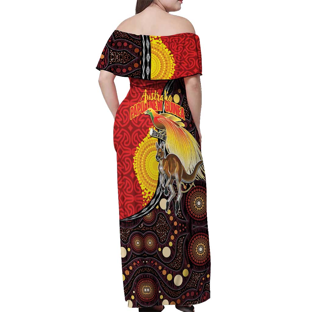 Australia and Papua New Guinea Together Off Shoulder Maxi Dress Bird-of-paradise and Kangaroo with Oro Tapa and Aboriginal Art Motifs LT03 - Polynesian Pride