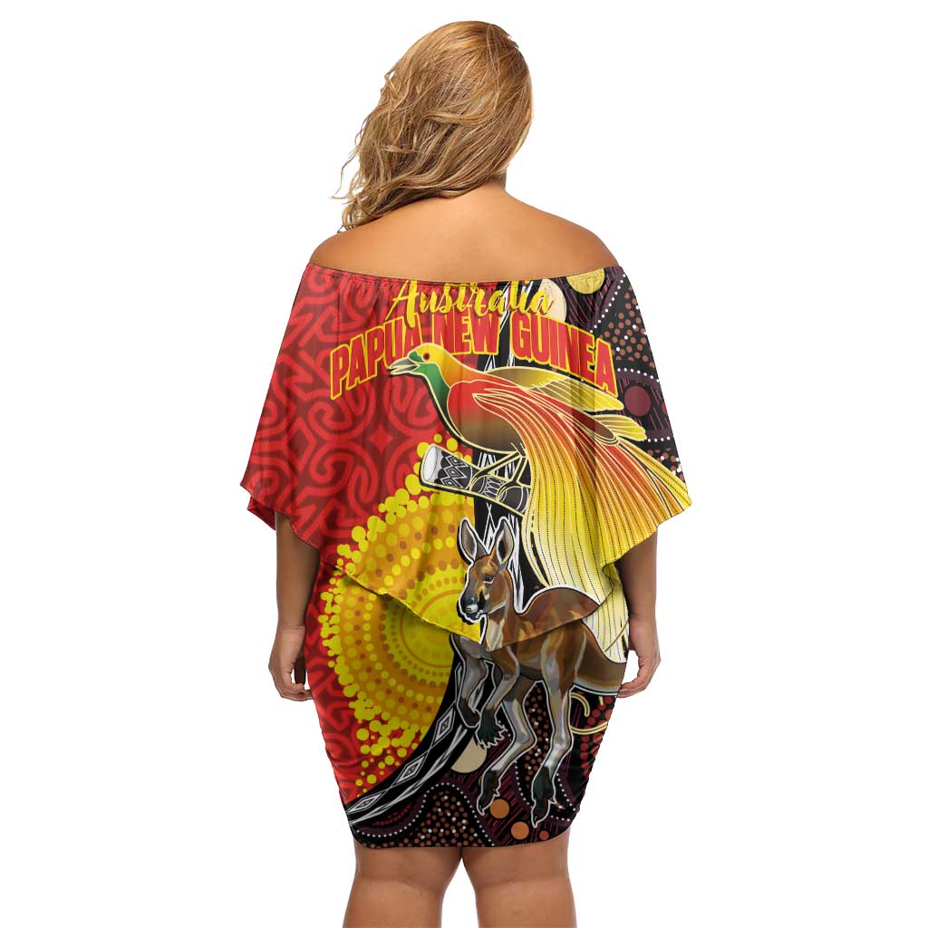 Australia and Papua New Guinea Together Off Shoulder Short Dress Bird-of-paradise and Kangaroo with Oro Tapa and Aboriginal Art Motifs LT03 - Polynesian Pride