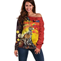 Australia and Papua New Guinea Together Off Shoulder Sweater Bird-of-paradise and Kangaroo with Oro Tapa and Aboriginal Art Motifs LT03 Women Black - Polynesian Pride