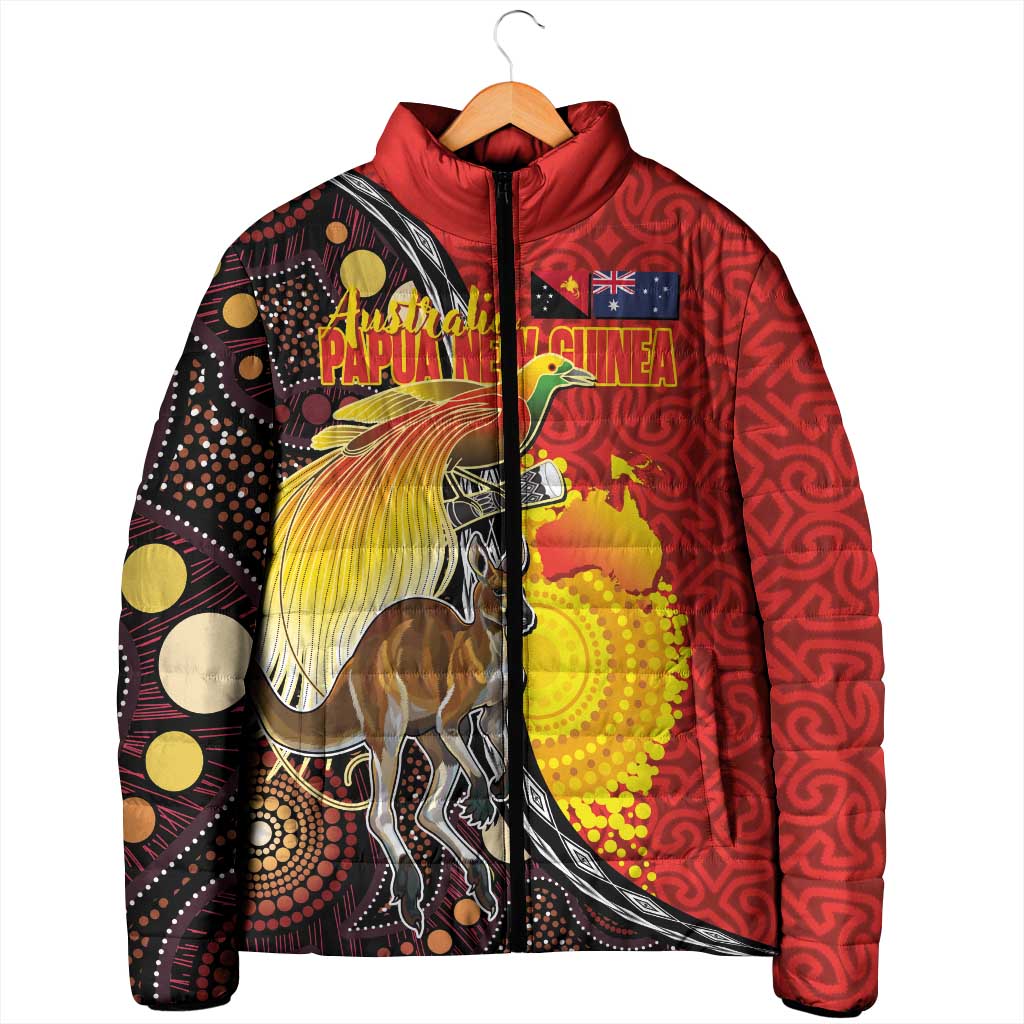 Australia and Papua New Guinea Together Padded Jacket Bird-of-paradise and Kangaroo with Oro Tapa and Aboriginal Art Motifs LT03 - Polynesian Pride