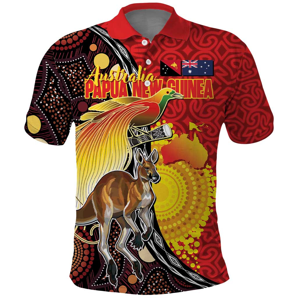 Australia and Papua New Guinea Together Polo Shirt Bird-of-paradise and Kangaroo with Oro Tapa and Aboriginal Art Motifs LT03 Black - Polynesian Pride