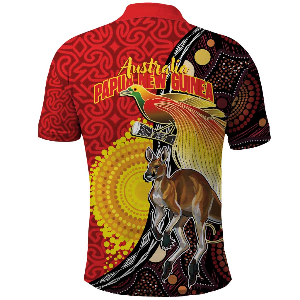 Australia and Papua New Guinea Together Polo Shirt Bird-of-paradise and Kangaroo with Oro Tapa and Aboriginal Art Motifs LT03 - Polynesian Pride