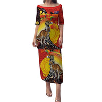 Australia and Papua New Guinea Together Puletasi Bird-of-paradise and Kangaroo with Oro Tapa and Aboriginal Art Motifs LT03 Long Dress Black - Polynesian Pride
