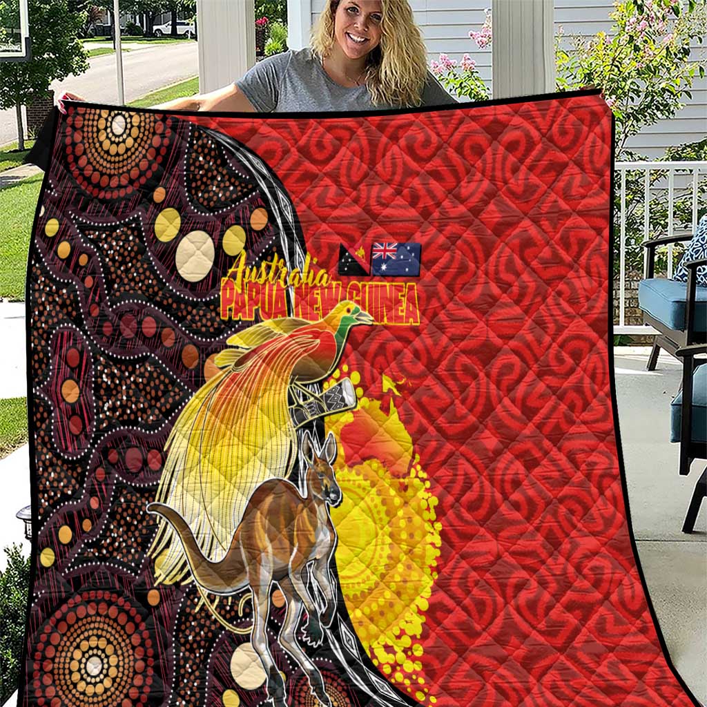 Australia and Papua New Guinea Together Quilt Bird-of-paradise and Kangaroo with Oro Tapa and Aboriginal Art Motifs LT03 Black - Polynesian Pride