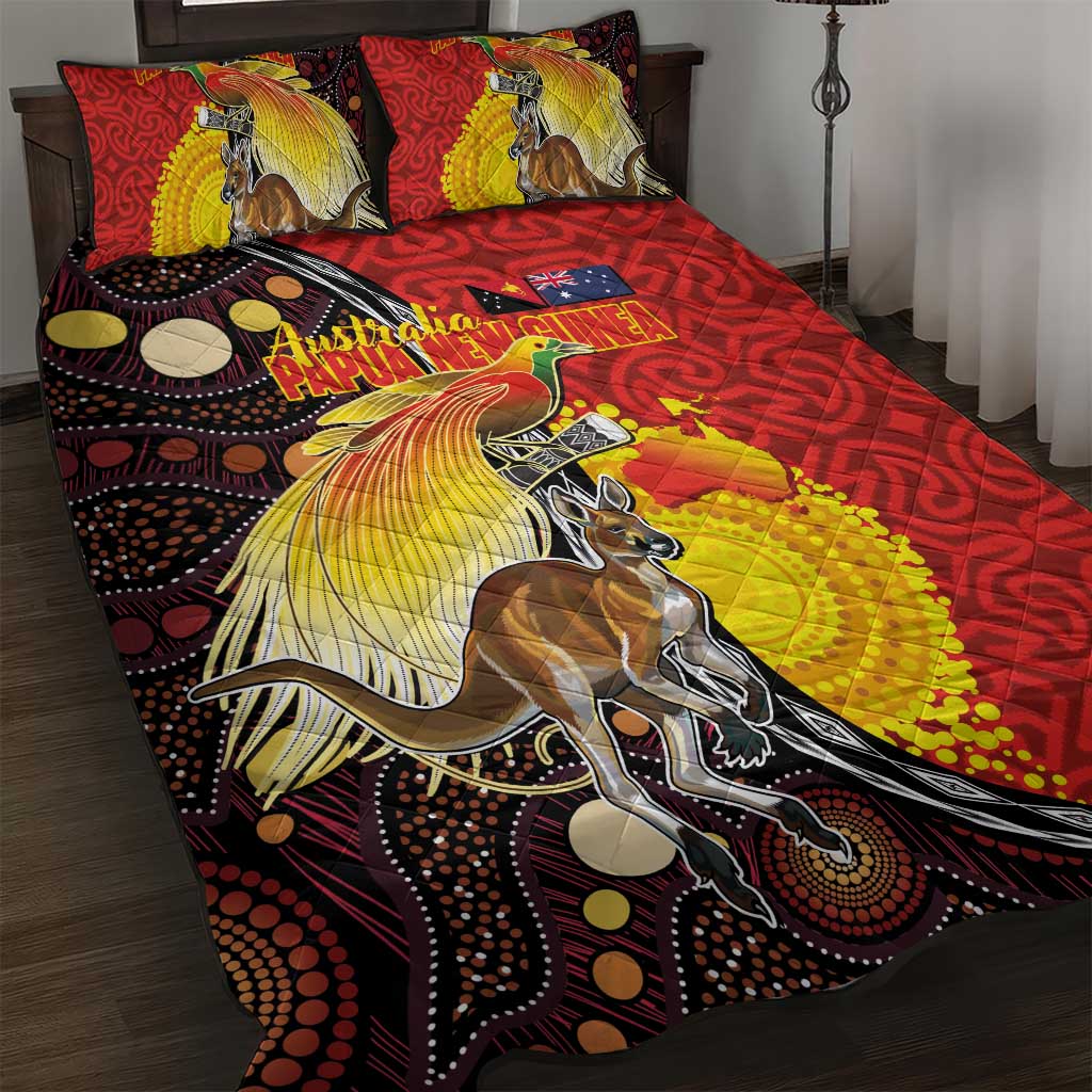 Australia and Papua New Guinea Together Quilt Bed Set Bird-of-paradise and Kangaroo with Oro Tapa and Aboriginal Art Motifs LT03 Black - Polynesian Pride