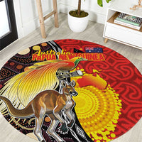 Australia and Papua New Guinea Together Round Carpet Bird-of-paradise and Kangaroo with Oro Tapa and Aboriginal Art Motifs LT03 Black - Polynesian Pride
