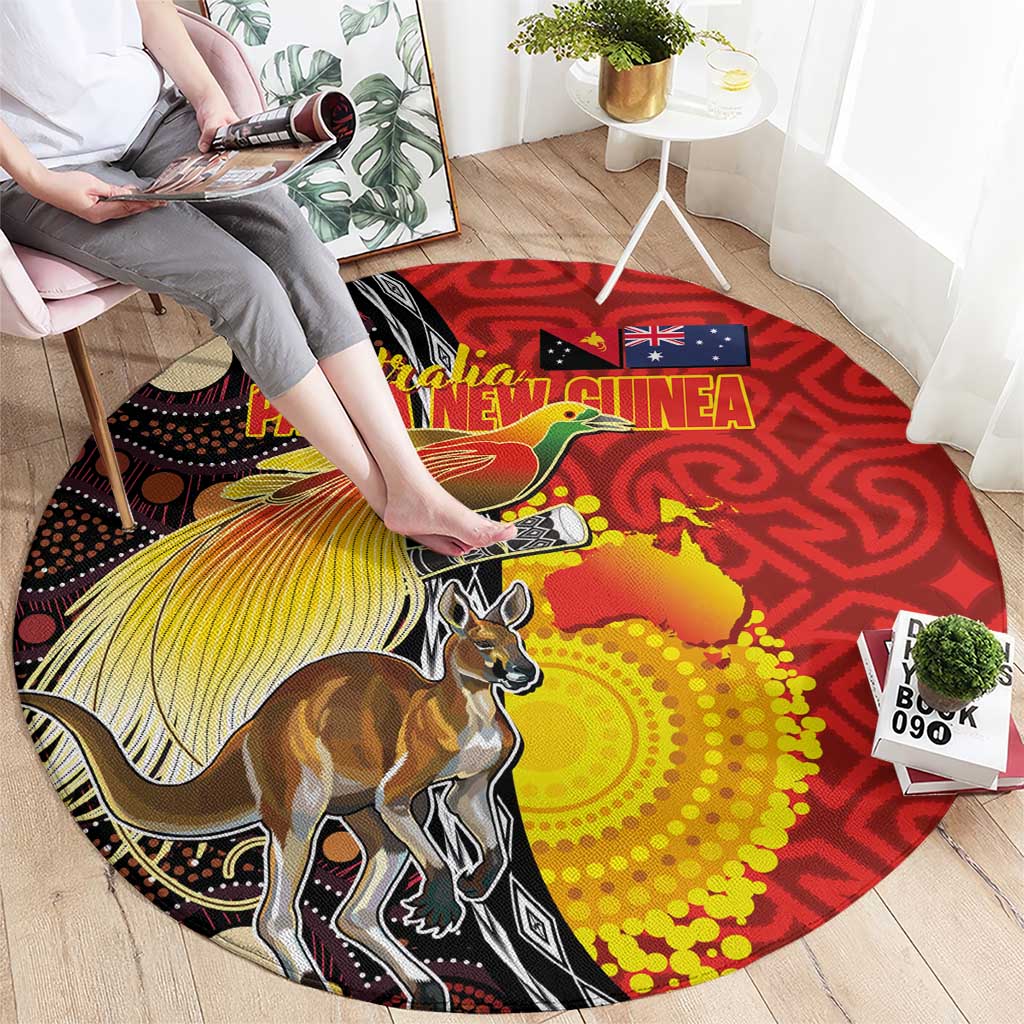 Australia and Papua New Guinea Together Round Carpet Bird-of-paradise and Kangaroo with Oro Tapa and Aboriginal Art Motifs LT03 - Polynesian Pride