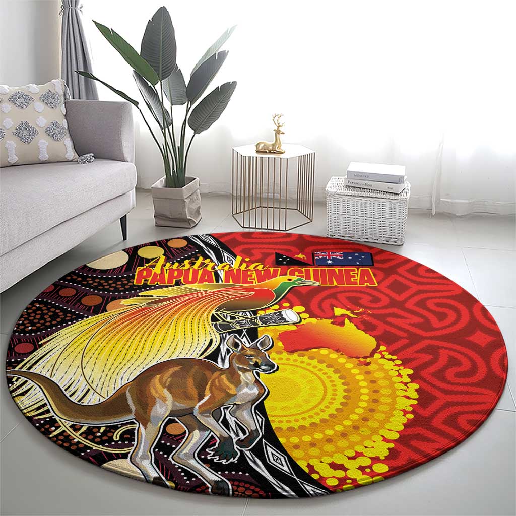 Australia and Papua New Guinea Together Round Carpet Bird-of-paradise and Kangaroo with Oro Tapa and Aboriginal Art Motifs LT03 - Polynesian Pride