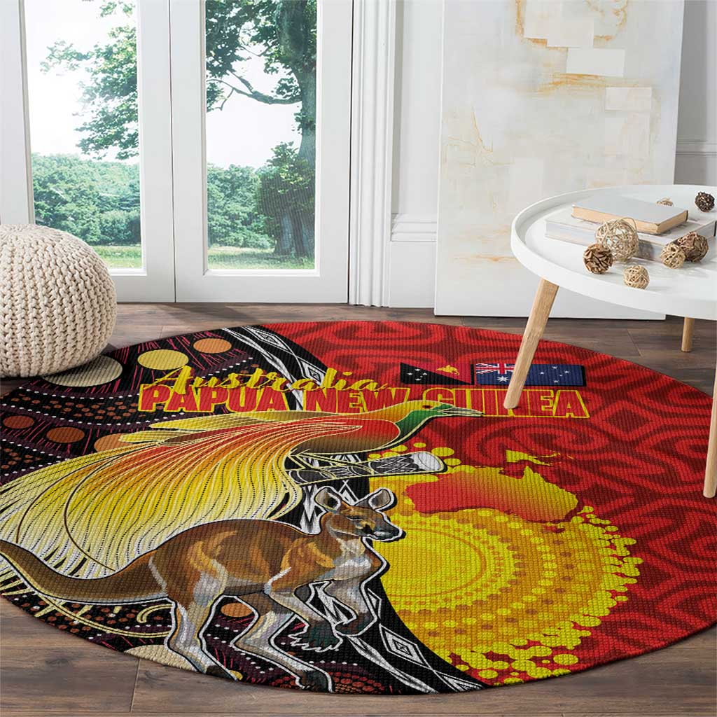 Australia and Papua New Guinea Together Round Carpet Bird-of-paradise and Kangaroo with Oro Tapa and Aboriginal Art Motifs LT03 - Polynesian Pride