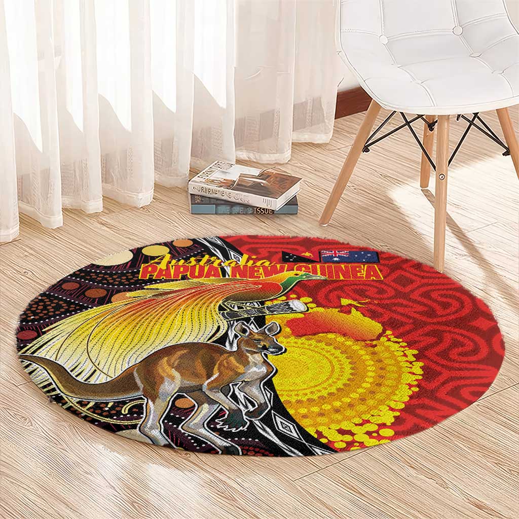 Australia and Papua New Guinea Together Round Carpet Bird-of-paradise and Kangaroo with Oro Tapa and Aboriginal Art Motifs LT03 - Polynesian Pride