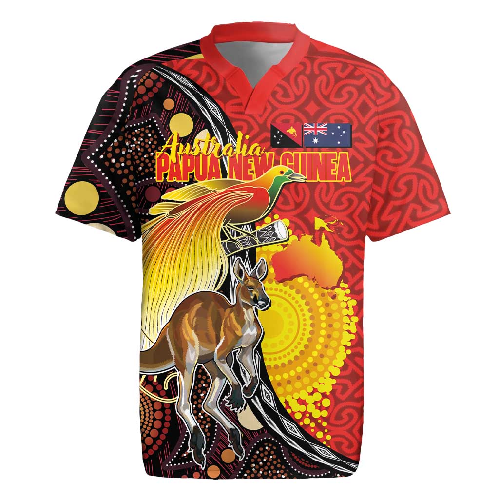 Australia and Papua New Guinea Together Rugby Jersey Bird-of-paradise and Kangaroo with Oro Tapa and Aboriginal Art Motifs LT03 Black - Polynesian Pride