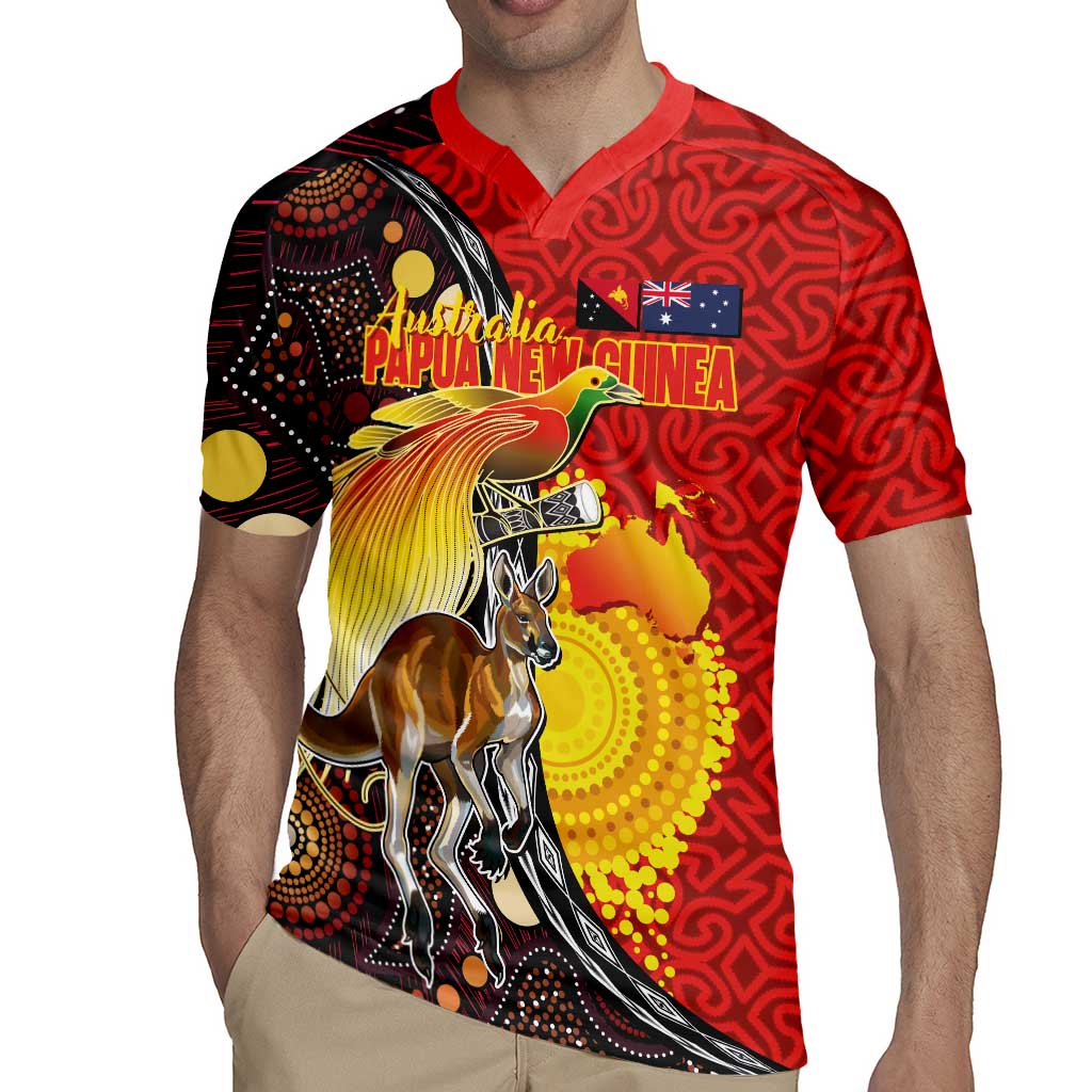 Australia and Papua New Guinea Together Rugby Jersey Bird-of-paradise and Kangaroo with Oro Tapa and Aboriginal Art Motifs LT03 - Polynesian Pride