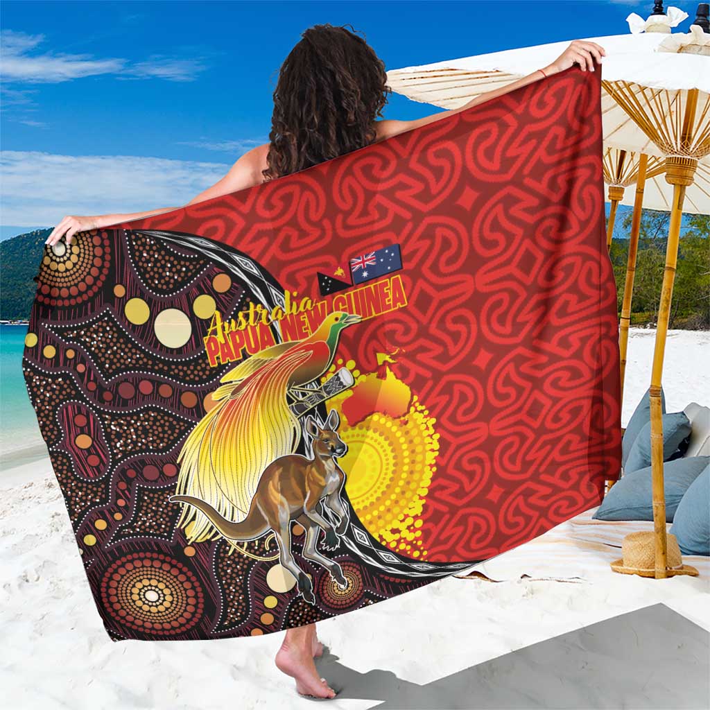 Australia and Papua New Guinea Together Sarong Bird-of-paradise and Kangaroo with Oro Tapa and Aboriginal Art Motifs LT03 One Size 44 x 66 inches Black - Polynesian Pride