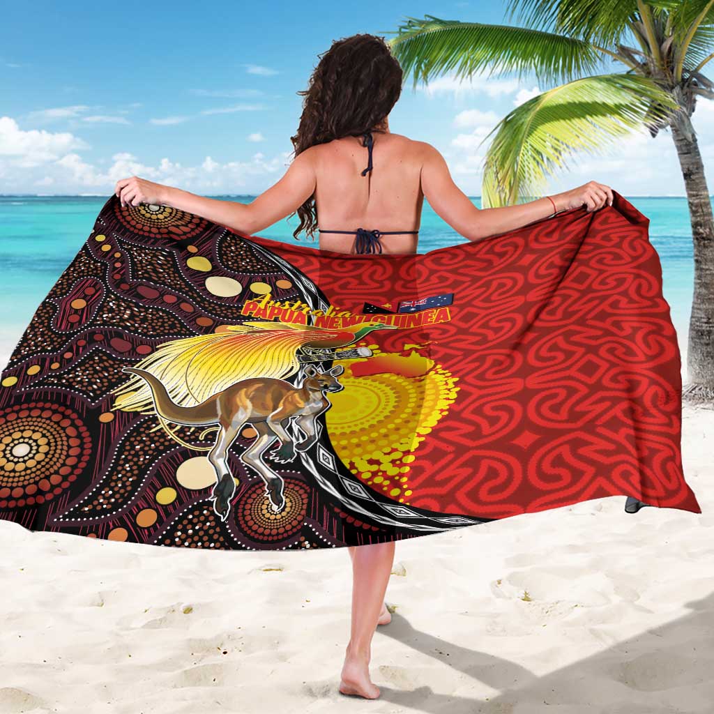 Australia and Papua New Guinea Together Sarong Bird-of-paradise and Kangaroo with Oro Tapa and Aboriginal Art Motifs LT03 - Polynesian Pride