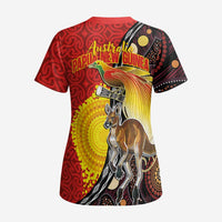 Australia and Papua New Guinea Together Scrub Top Bird-of-paradise and Kangaroo with Oro Tapa and Aboriginal Art Motifs LT03 - Polynesian Pride