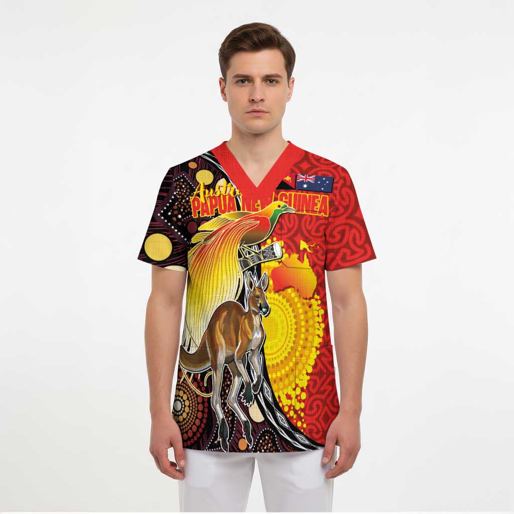 Australia and Papua New Guinea Together Scrub Top Bird-of-paradise and Kangaroo with Oro Tapa and Aboriginal Art Motifs LT03 - Polynesian Pride