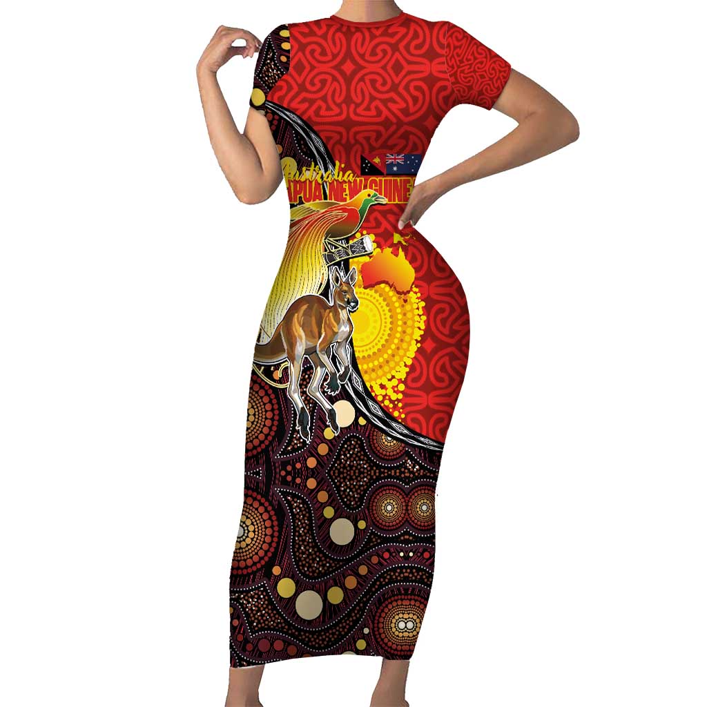 Australia and Papua New Guinea Together Short Sleeve Bodycon Dress Bird-of-paradise and Kangaroo with Oro Tapa and Aboriginal Art Motifs LT03 Long Dress Black - Polynesian Pride