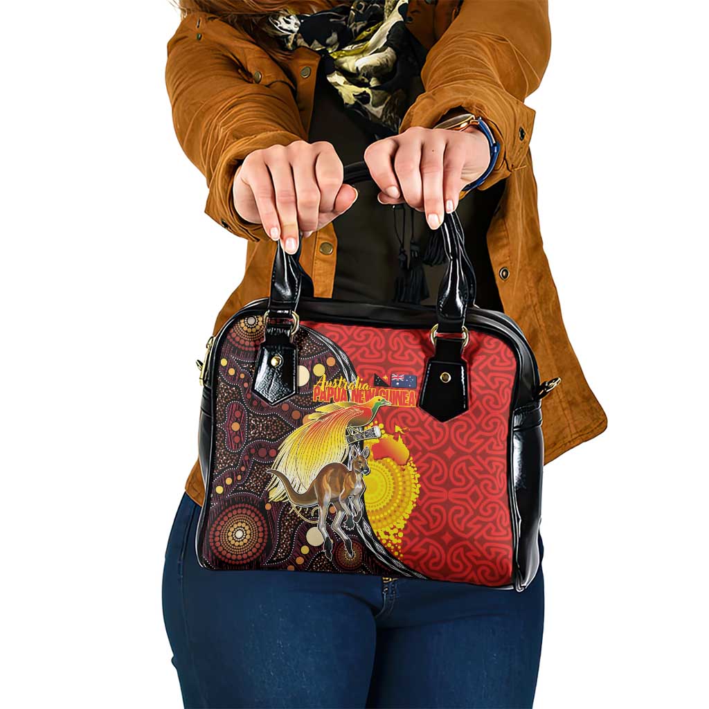Australia and Papua New Guinea Together Shoulder Handbag Bird-of-paradise and Kangaroo with Oro Tapa and Aboriginal Art Motifs LT03 One Size Black - Polynesian Pride