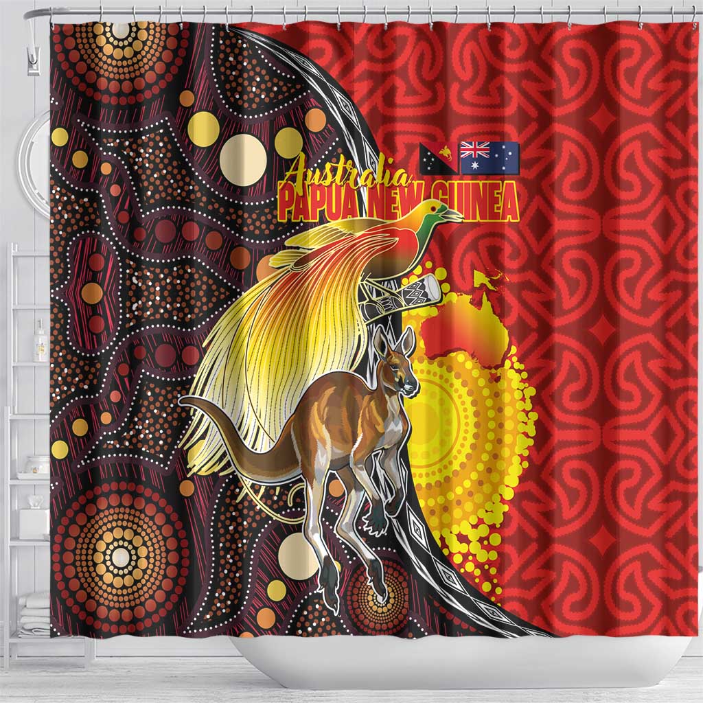 Australia and Papua New Guinea Together Shower Curtain Bird-of-paradise and Kangaroo with Oro Tapa and Aboriginal Art Motifs LT03 - Polynesian Pride