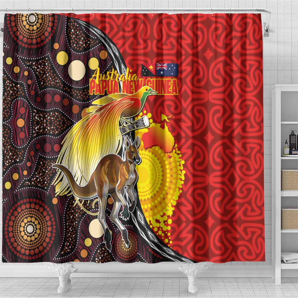 Australia and Papua New Guinea Together Shower Curtain Bird-of-paradise and Kangaroo with Oro Tapa and Aboriginal Art Motifs LT03 - Polynesian Pride