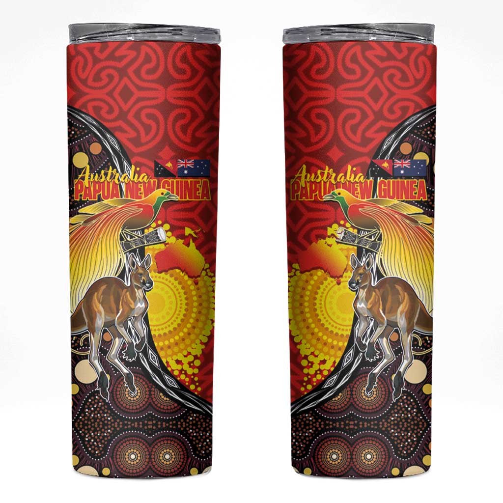 Australia and Papua New Guinea Together Skinny Tumbler Bird-of-paradise and Kangaroo with Oro Tapa and Aboriginal Art Motifs LT03 Black - Polynesian Pride