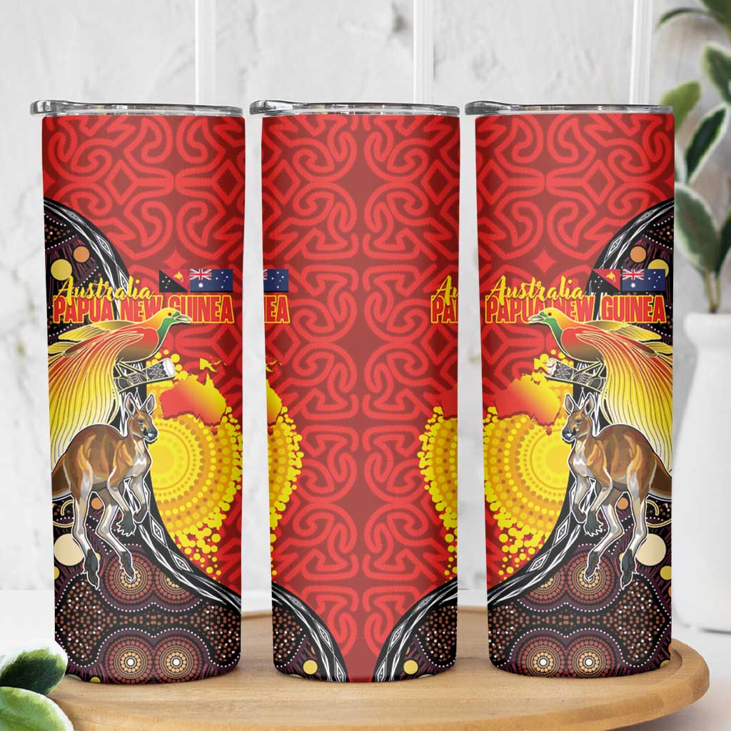 Australia and Papua New Guinea Together Skinny Tumbler Bird-of-paradise and Kangaroo with Oro Tapa and Aboriginal Art Motifs LT03 - Polynesian Pride