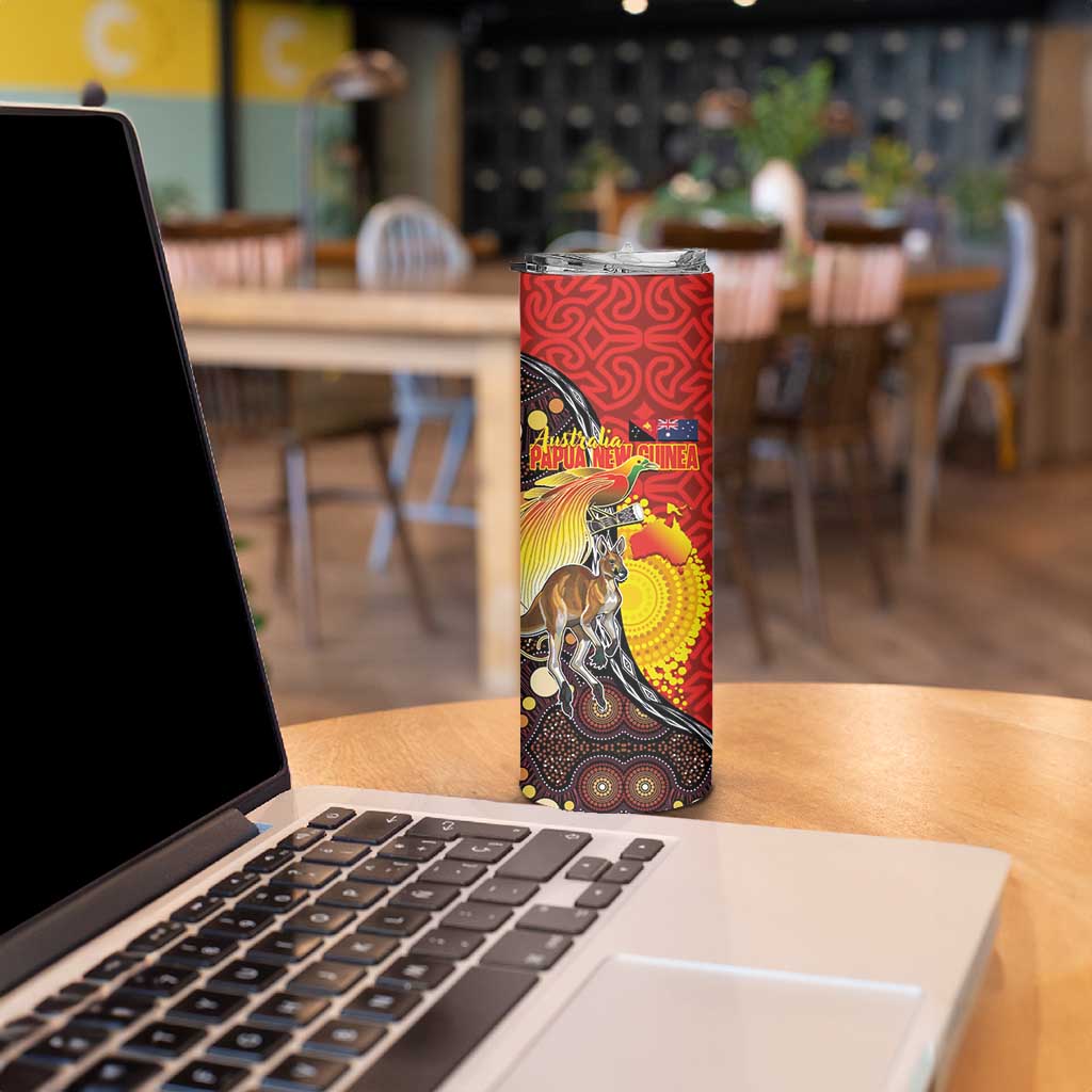 Australia and Papua New Guinea Together Skinny Tumbler Bird-of-paradise and Kangaroo with Oro Tapa and Aboriginal Art Motifs LT03 - Polynesian Pride