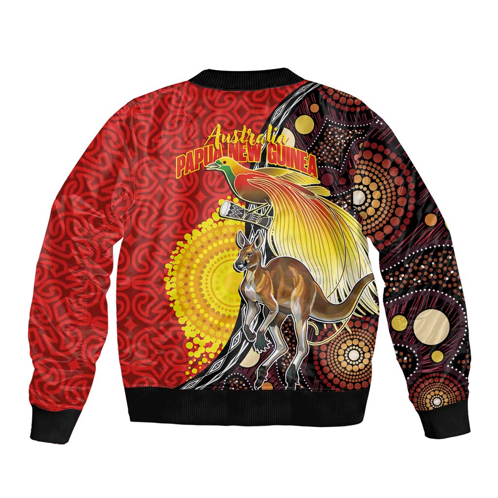 Australia and Papua New Guinea Together Sleeve Zip Bomber Jacket Bird-of-paradise and Kangaroo with Oro Tapa and Aboriginal Art Motifs LT03 - Polynesian Pride