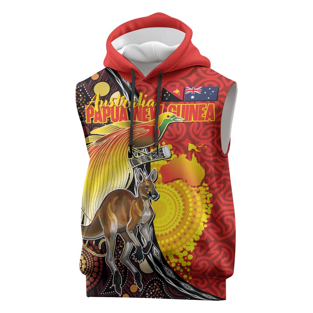 Australia and Papua New Guinea Together Sleeveless Hoodie Bird-of-paradise and Kangaroo with Oro Tapa and Aboriginal Art Motifs LT03 Black - Polynesian Pride