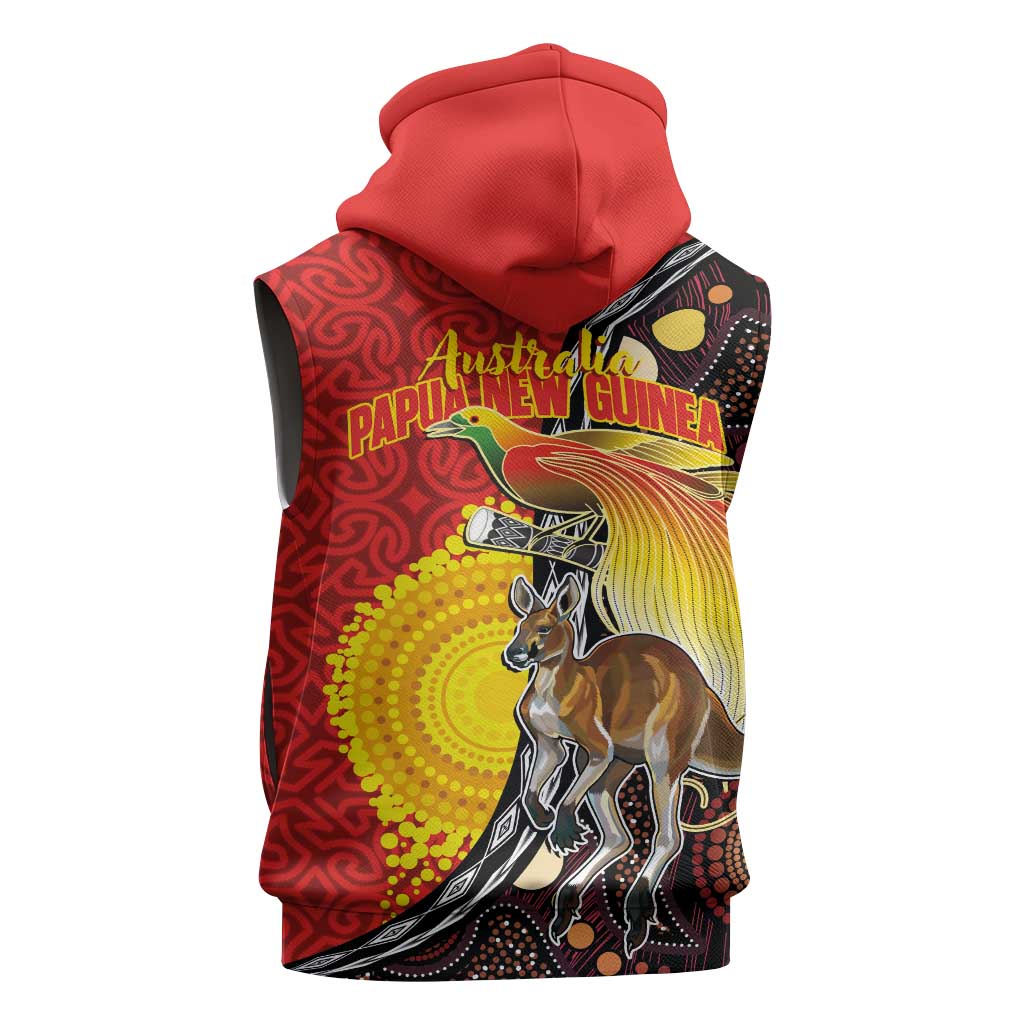 Australia and Papua New Guinea Together Sleeveless Hoodie Bird-of-paradise and Kangaroo with Oro Tapa and Aboriginal Art Motifs LT03 - Polynesian Pride